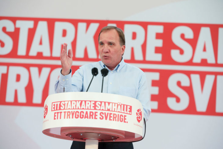 Stefan Lofven speaks during an election campaign meeting in Botkyrka