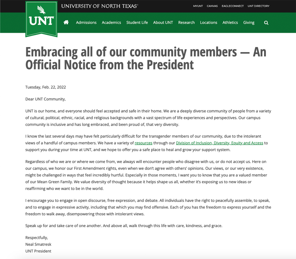 UNT email to students on ‘intolerant views’ (Screenshot) trans gender