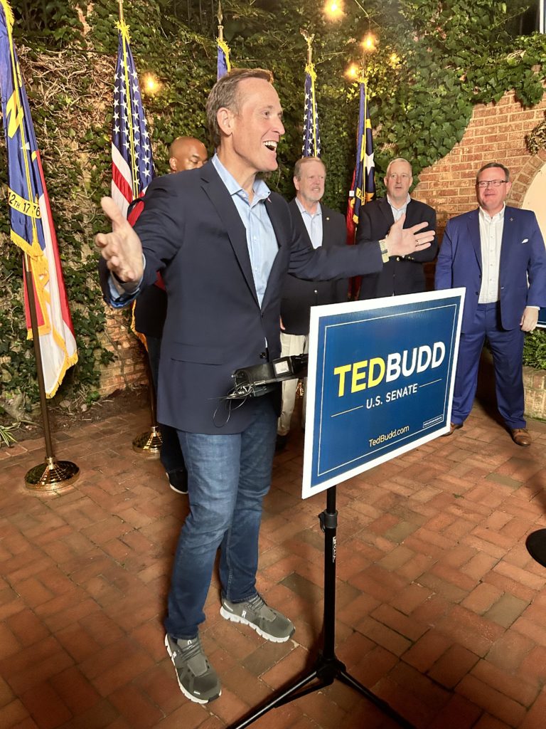 U.S. Senate nominee Rep. Ted Budd (R-NC) speaks at a campaign rally at the North Carolina Republican Party Headquarters
