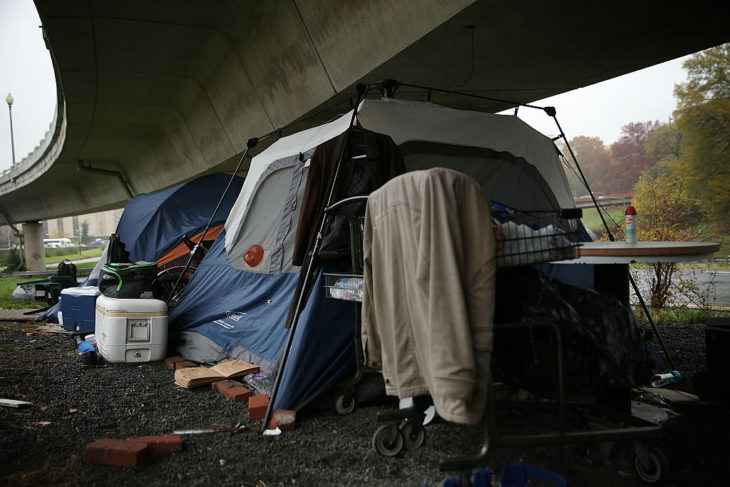 Tents are seen underneath an overpass at a tent encampment in Washington, DC. (Photo by Alex Wong/Getty Images)