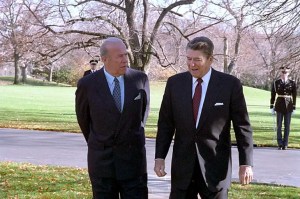 President Reagan walking with George P. Shultz outside the Oval Office (Wikimedia Commons)