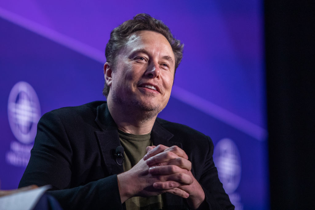 america pac Elon Musk, co-founder of Tesla and SpaceX and owner of X Holdings Corp., speaks at the Milken Institute's Global Conference (Photo by Apu Gomes/Getty Images)