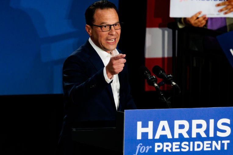 Pennsylvania Governor Josh Shapiro speaks during a campaign rally for Vice President Kamala Harris (Photo by Hannah Beier/Getty Images)